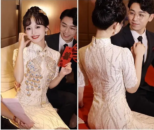 Ivory Sequin pheonxi bridal Cheongsam Qipao Dress for chinese wedding tea ceremony