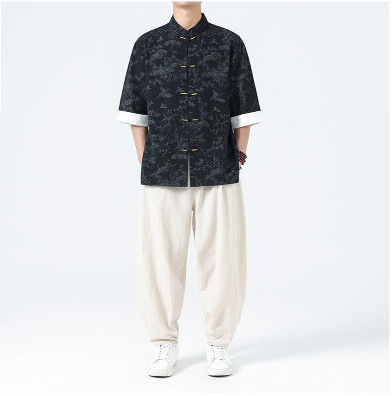 Men's Modern Chinese Style Half Sleeve Tang Suit Shirt