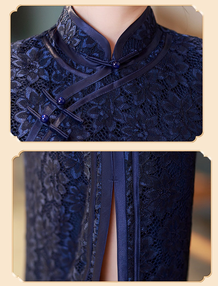 Robe Qipao Cheongsam en dentelle bleu marine