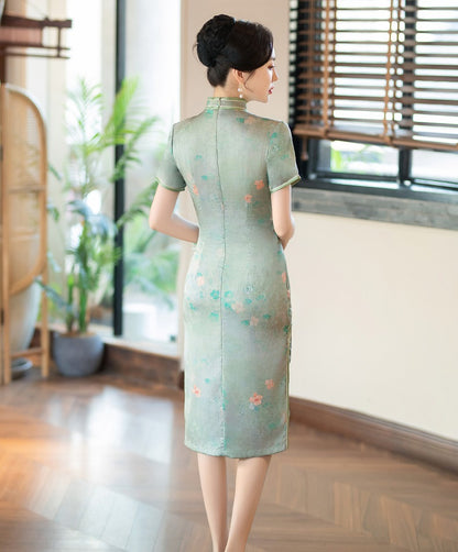 Chinese Short Sleeves Green floral qipao cheongsam dress back
