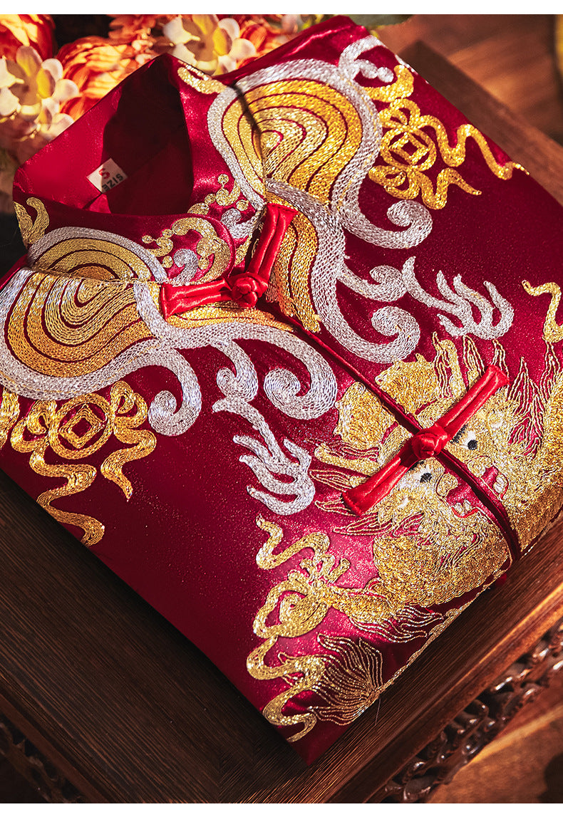 Traditional Burgundy Gold  Groom Dragon Tang Suit (Ma Gua)