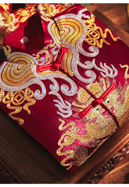 Traditional Burgundy Gold  Groom Dragon Tang Suit (Ma Gua)