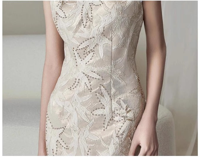 Ivory White Floral Fringe Qipao Dress