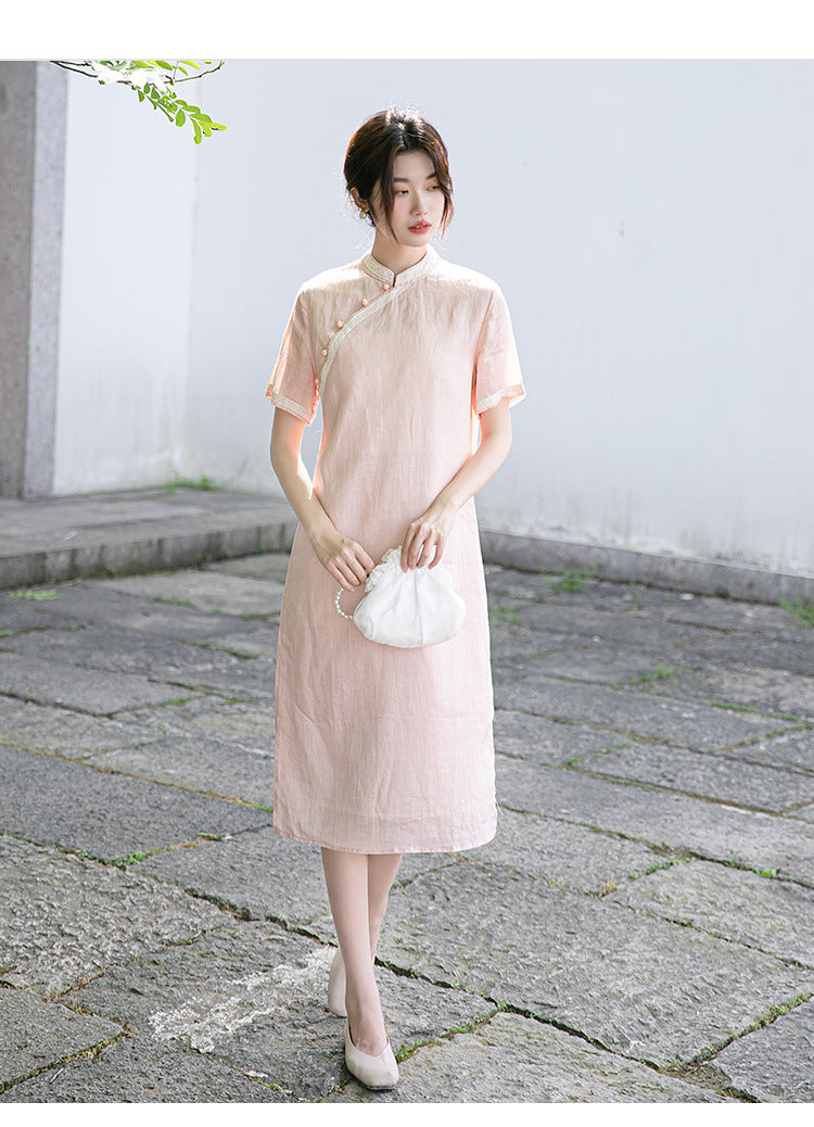 Pink Ramie Loose Cheongsam Qipao Dress