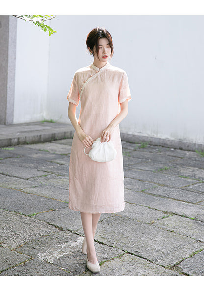 Pink Ramie Loose Cheongsam Qipao Dress