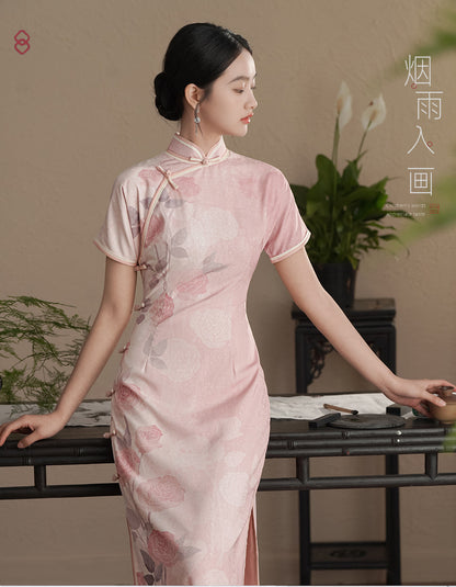 Short  Sleeves pink rose printed qipao cheongsam dress full length model looking right
