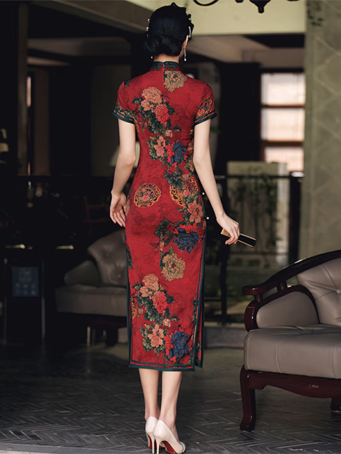 Model in red chinese floral qipao cheongsam dress back