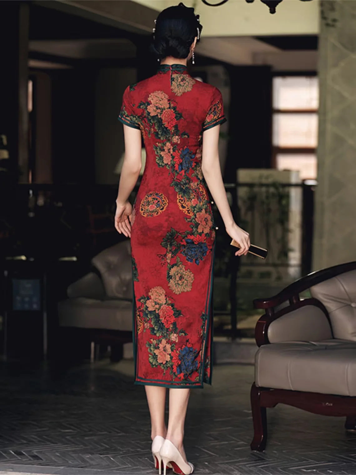 Woman wearing a Vintage Red Chinese Floral Qipao Cheongsam Dress in an indoor setting