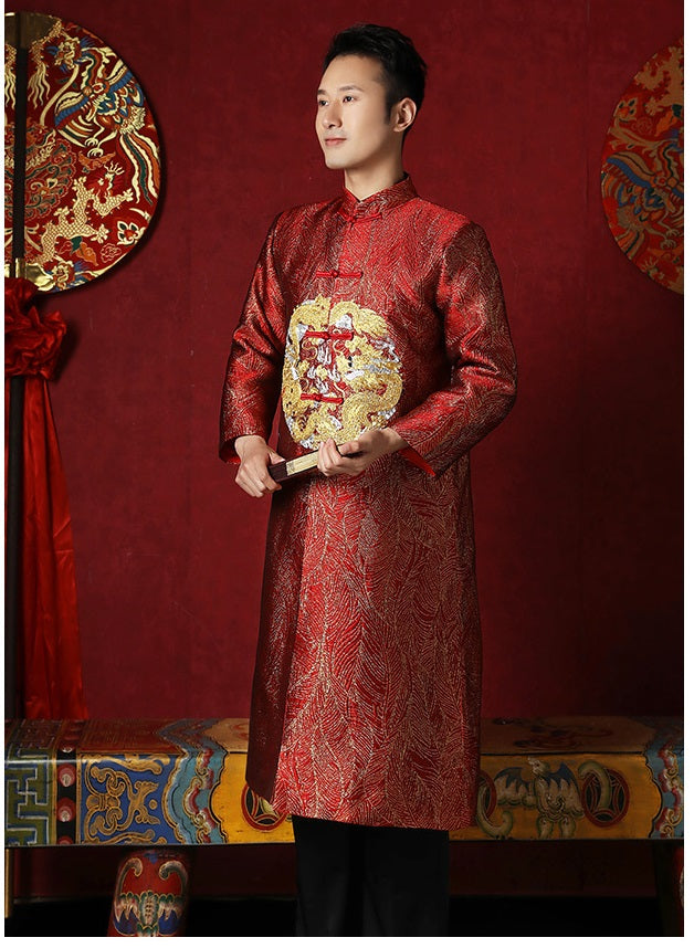 Red chinese groom dragon tang jacket side