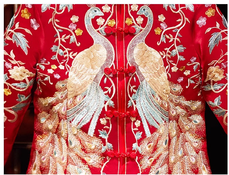 Red Chinese Wedding Bridal Qun kwa Dress| Peacock Plain