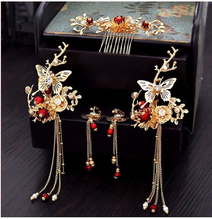 Traditional chinese bridal gold and red  hair pieces