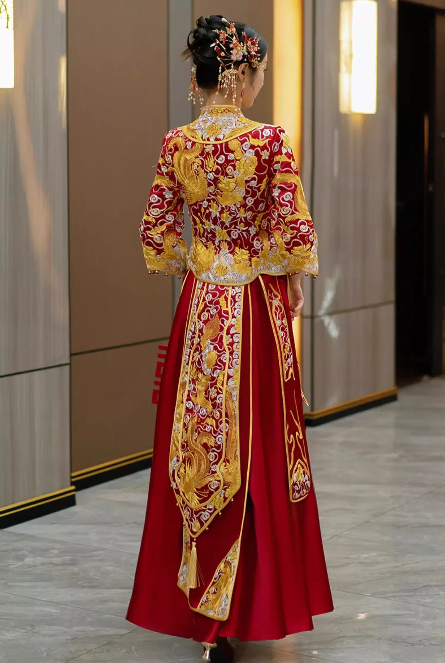 Red and gold  traditional Chinese Wedding pheonix  Qun Kwa Dress