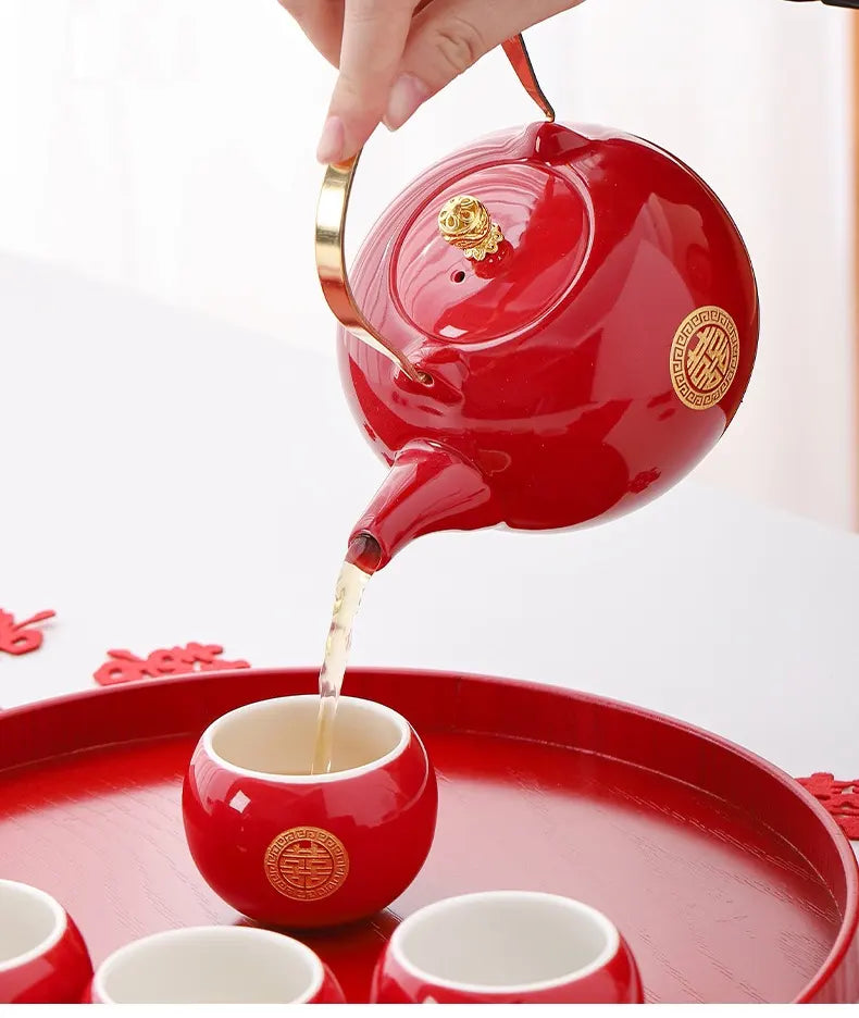 Traditional Chinese Double Happiness Red Wedding Tea Set | Crimson Bliss