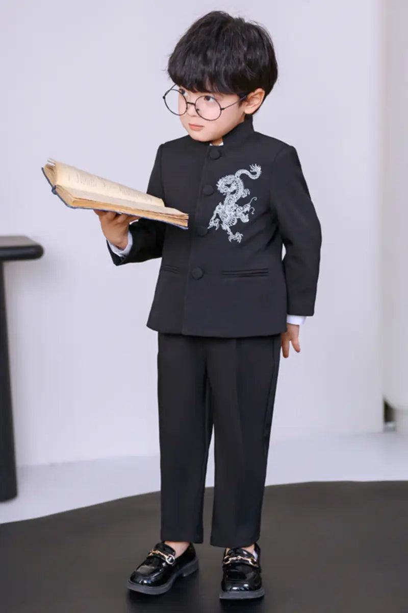 Boys' New Chinese Style Dragon Embroidered Zhongshan Suit Set