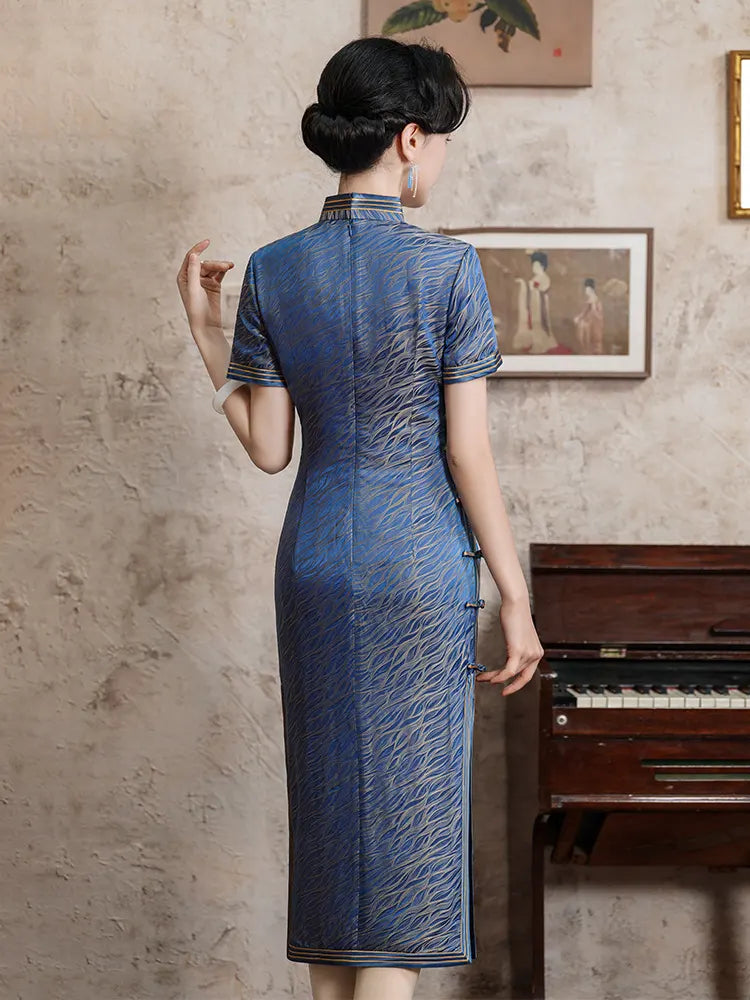 Blue Mulberry Silk Qipao Dress with Golden Trim
