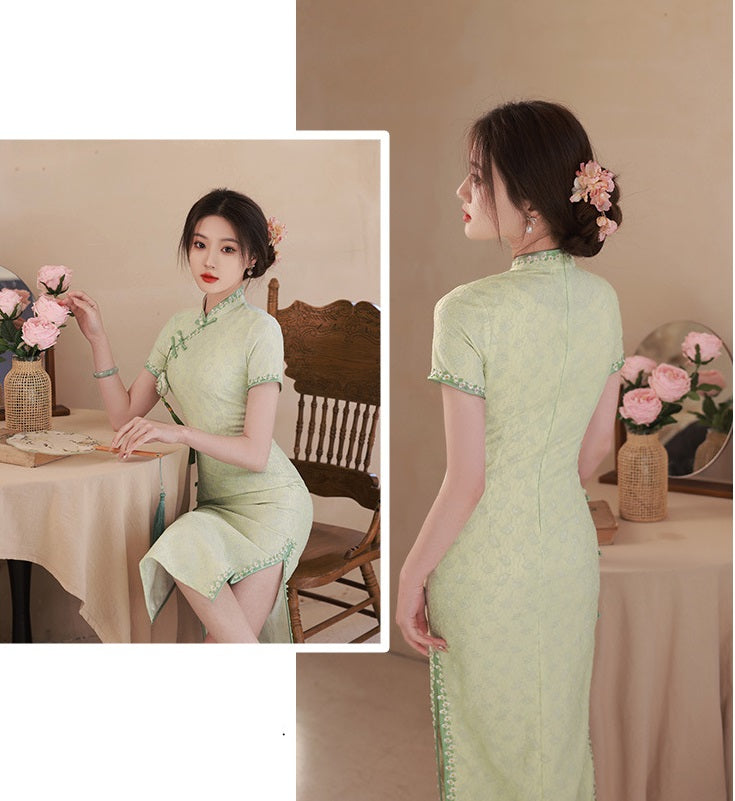 Cheongsam Qipao en dentelle verte et blanche | Daisy
