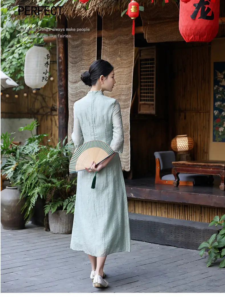 Green  Modern A-Line Tencel Jacquard Loose Cheongsam Qipao Dress
