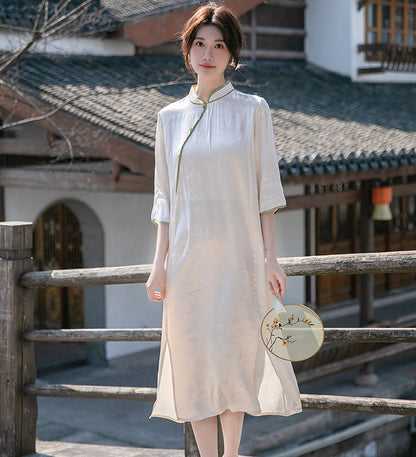 Robe Qipao Cheongsam ample en jacquard blanc ivoire