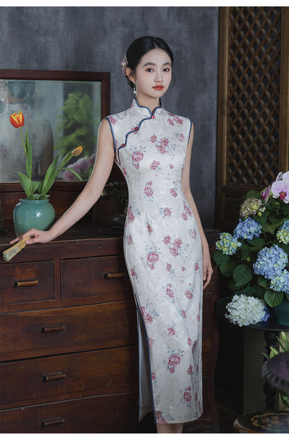 Sleeveless Floral Qipao Dress| Rosy