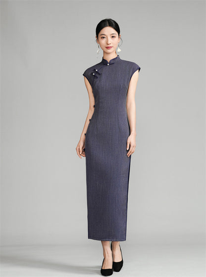 Cap Sleeve Qipao Dress With  Pinstripe pattern