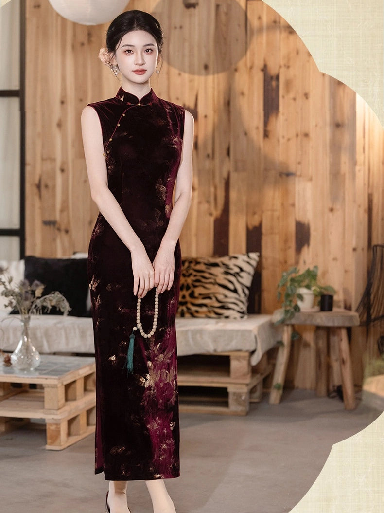 Burgundy Velvet Gold Floral Burnout  Sleeveless Qipao