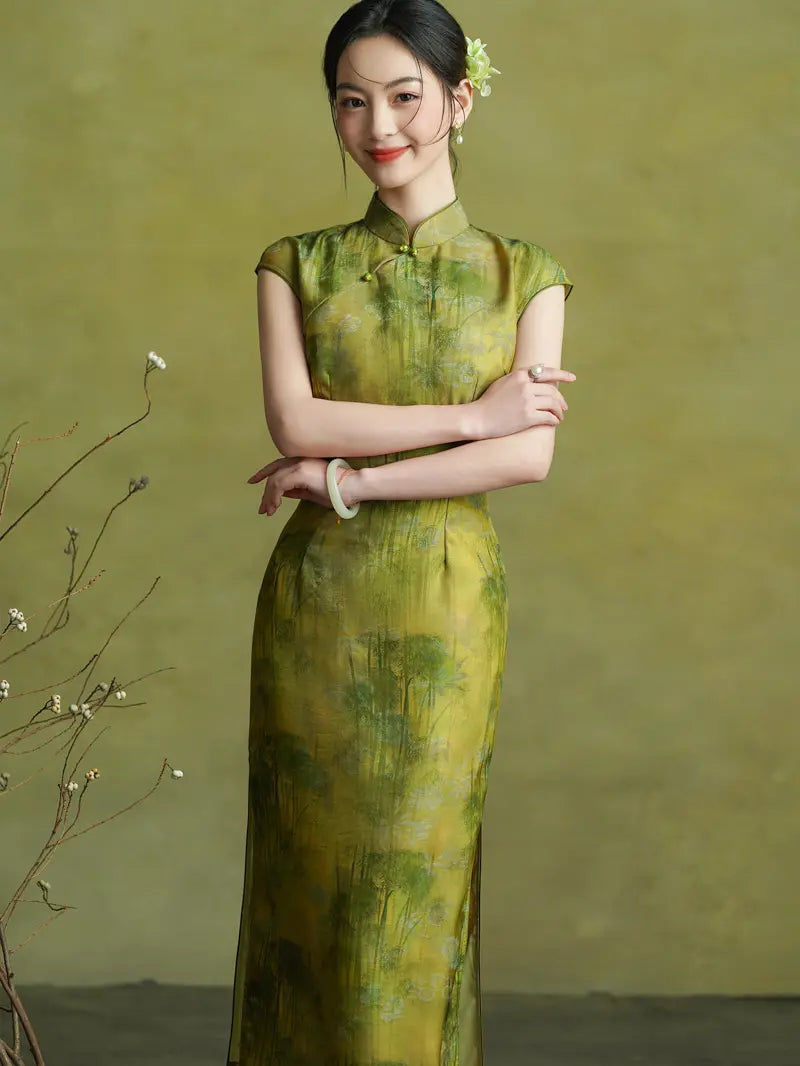 Vintage Green Bamboo Forest Cap Sleeve Qipao Dress