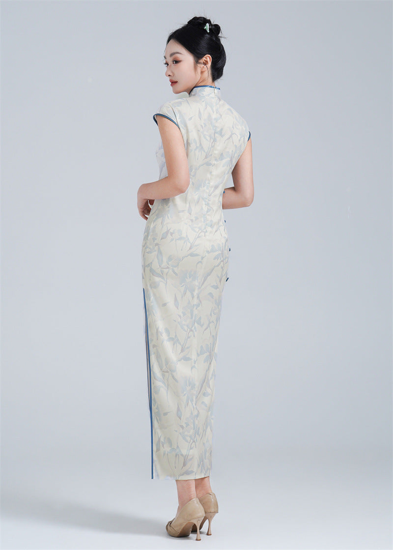 Ivory and Blue Cap Sleeves Floral Chiffon chinese dress