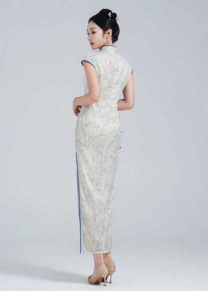 Ivory and Blue Cap Sleeves Floral Chiffon chinese dress