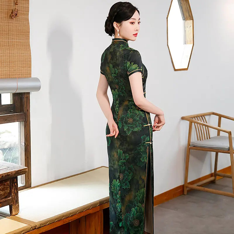 Dark Green  Floral Chinese Long qipao cheongsam Dress