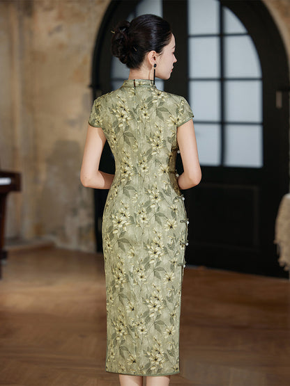 Mute Green Floral Silk Qipao Dress | Daisy