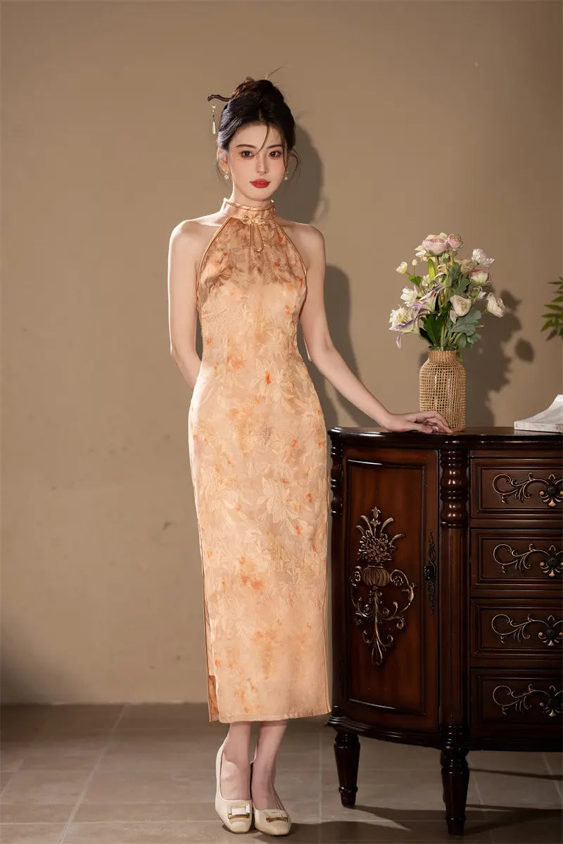 Halter Neck Floral Midi Cheongsam Qipao Dress
