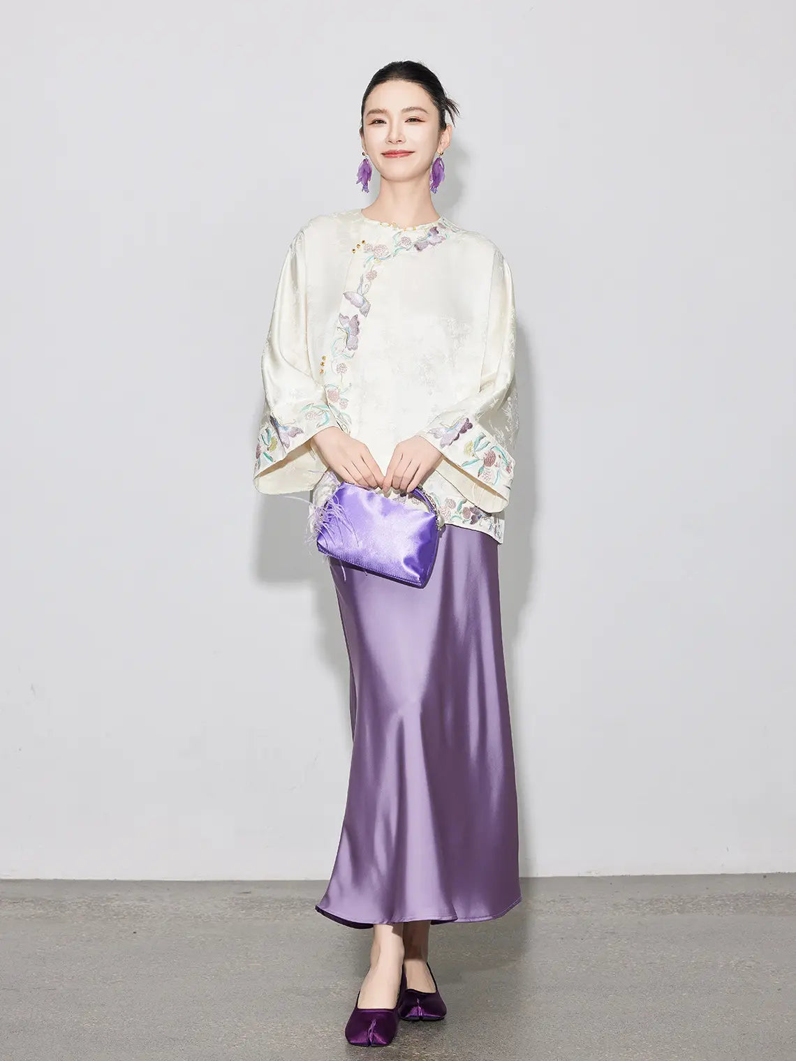 Modern Chinese Style Ivory & Lavender Top & Skirt
