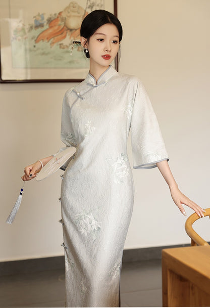 Light Blue Long Sleeves Lace jacquard Cheongsam Qipao Dress