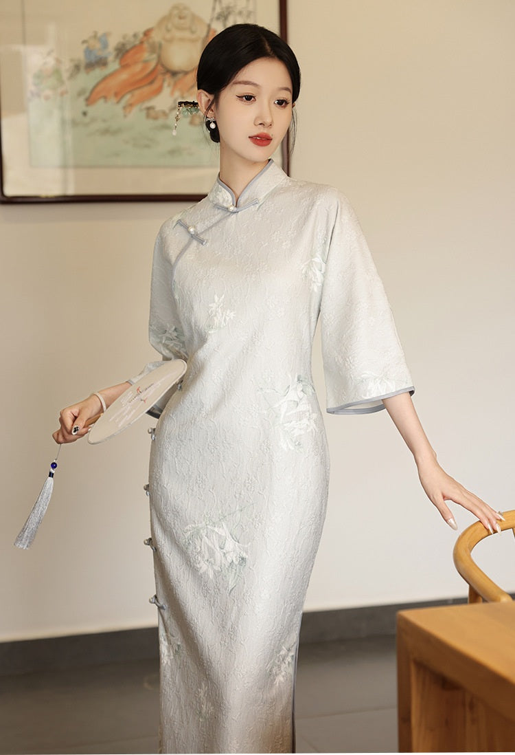 Light Blue Long Sleeves Lace jacquard Cheongsam Qipao Dress