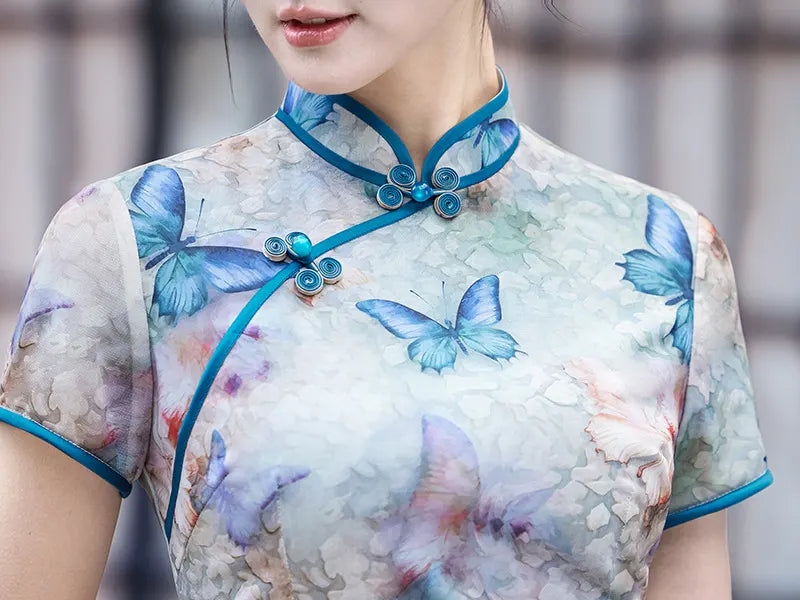 Blue Midi Length Qipao Dress with Butterfly and Floral Print
