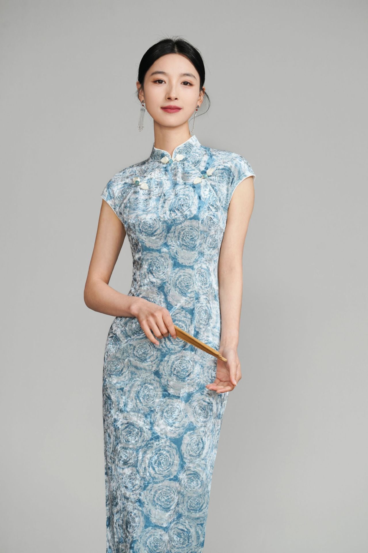 Robe Qipao Cheongsam en velours fleuri bleu