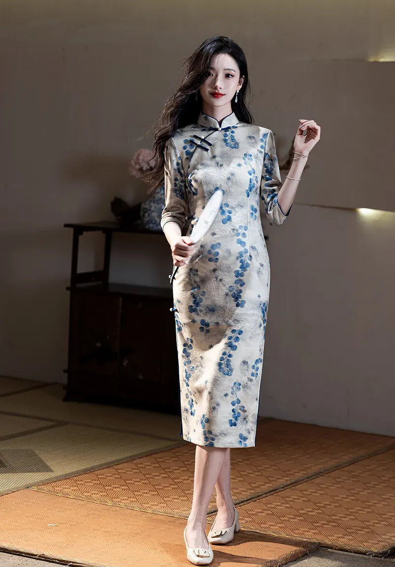 Blue/Green Plum Blossom Long Sleeves Qipao Cheongsam Dress