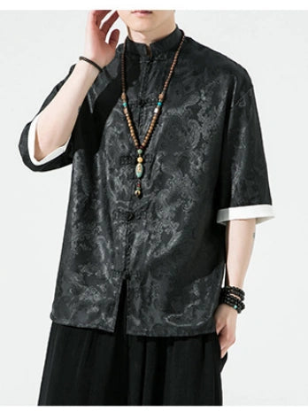 Men's Ice Silk Half-Sleeve Tang Suit Summer Shirt