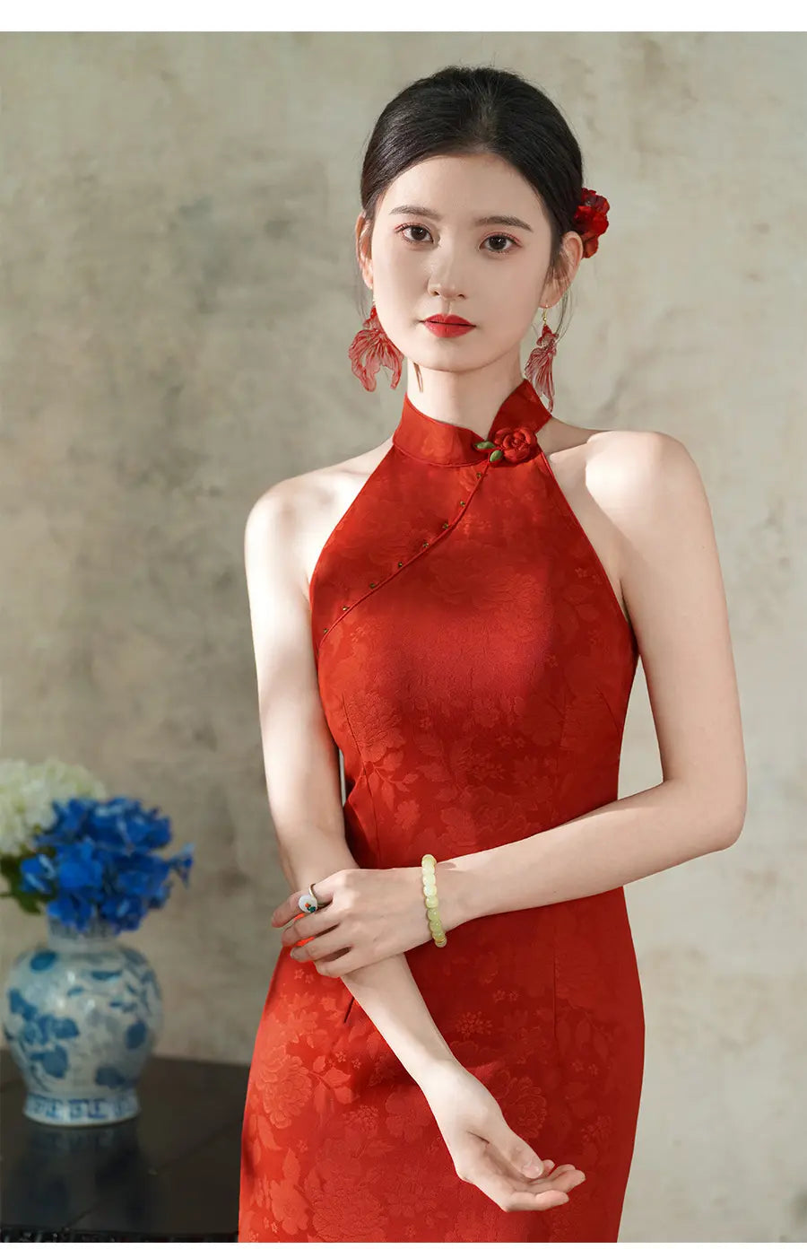 Red Floral Jacquard Halter Modern Bridal Qipao Dress