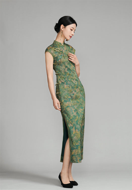 Long Green Qipao with Gold Floral and Butterfly Pattern