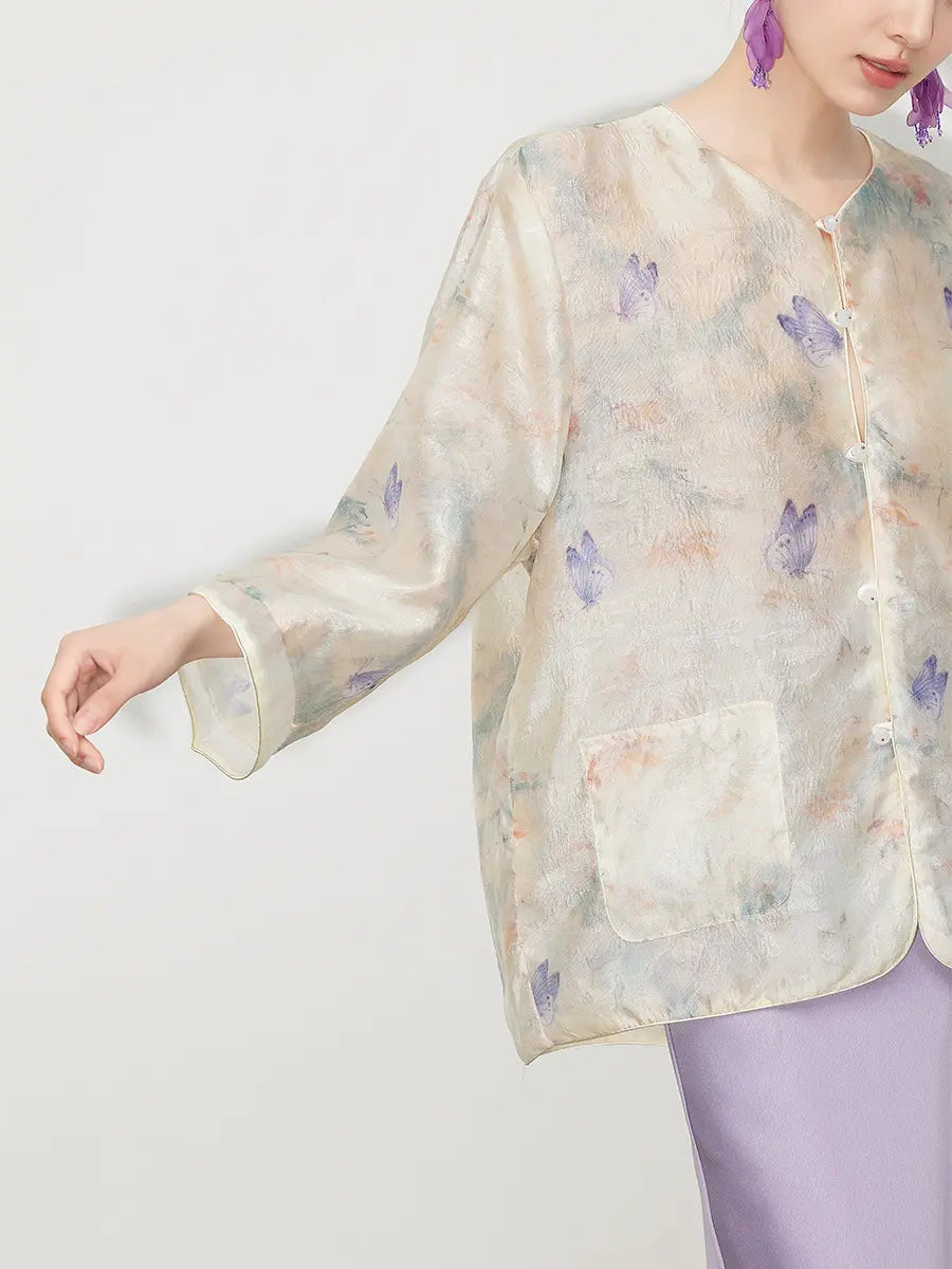 Neues Set aus transparentem Oberteil und lila Rock im chinesischen Stil mit Schmetterlingsmotiv