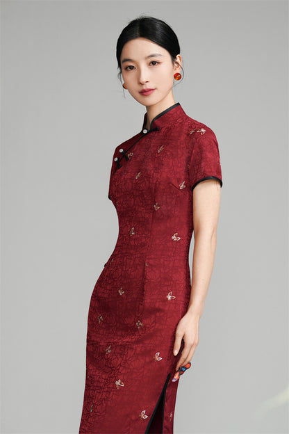 Burgundy Red Short Sleeves Floral Jacquard Qipao Dress