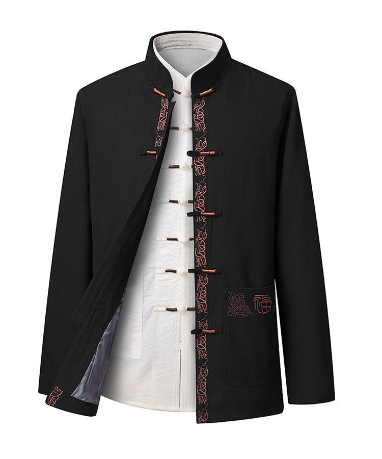 black Traditional Chinese Mandarin Tang Jacket Suit