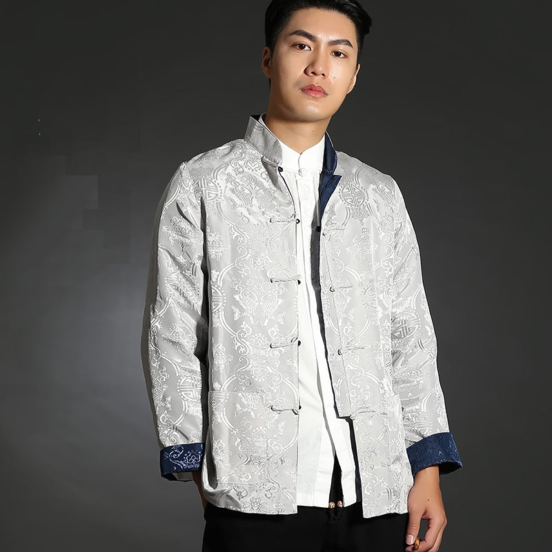 blue and white double-sided reversible chinese tang jacket suit