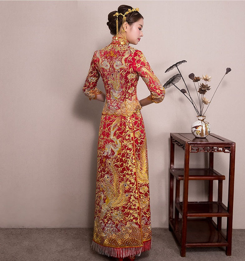 Embroidered Dragon Velvet Man Wedding Qun Kwa Jacket & Skirt