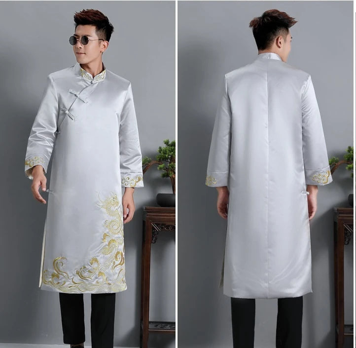 Grey Dragon Embroidered Men's Tang Jacket – Traditional Chinese Groom/Best Man Outfit with gold embroidery on a gray background