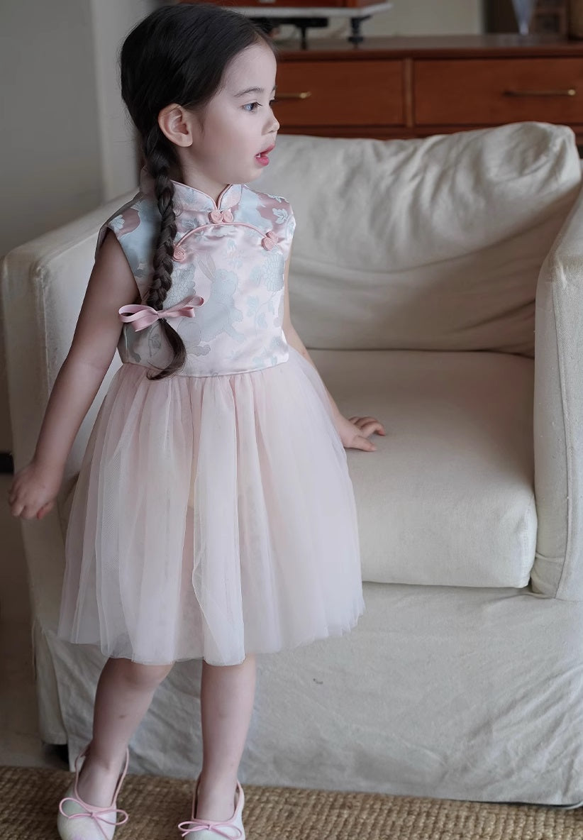 Kid's Pink Floral Satin Tulle Qipao Cheongsam Dress