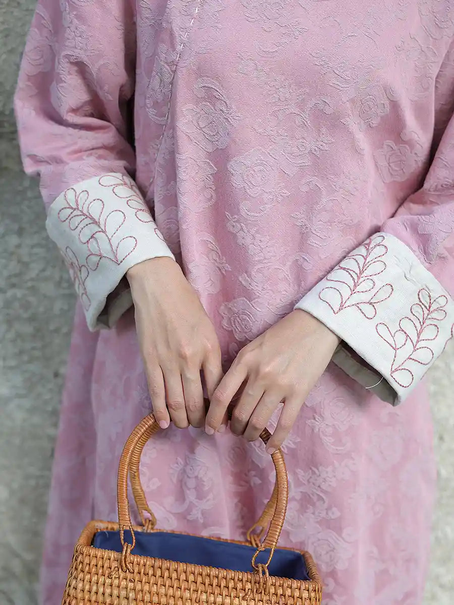 Rosa, geblümtes, langärmliges, lockeres Qipao-Cheongsam-Kleid