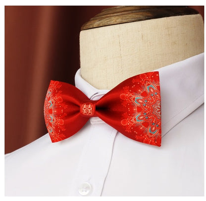red Floral Double happiness Groom Wedding Bow Tie