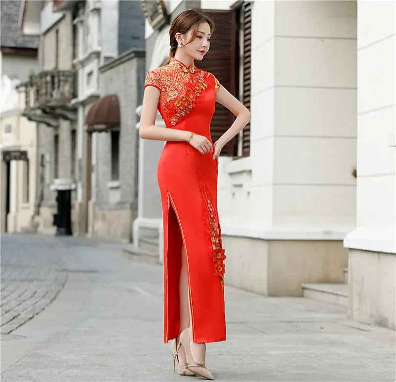 Red Bridal Qipao Cheongsam with Golden Flower